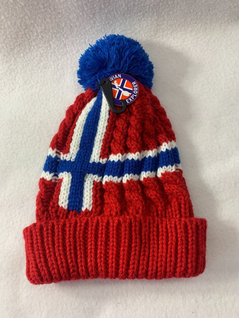 NWT Scandinavian Explorer Norwegian Flag Unisex Knit Beanie Hat Pom Pom
